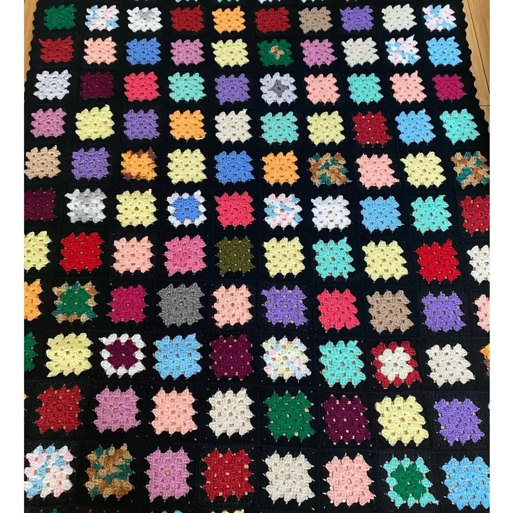 Vintage Granny Core Square Crochet Blanket Black 62